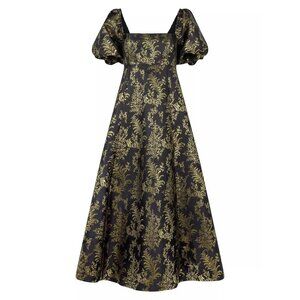 NWT Hill House The Matilda in Black Gold Bird Brocade Smocked Dress XXS